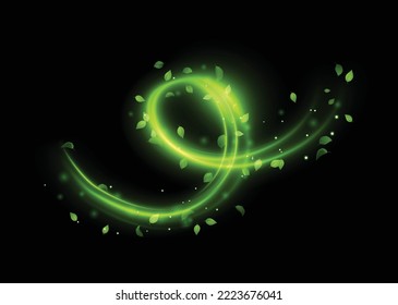 Green shiny line spiral spring wind effect with flyingmagic dust particles and leaves particles on black background. Concept of freshness, growth, spring, summer and ecology. Vector eps10.