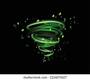 Efecto del viento de la espiral de la línea brillante verde con partículas mágicas de polvo volando y hojas partículas en el fondo negro. Concepto de frescura, crecimiento, primavera, verano y ecología. Vector eps10.