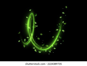 Green shiny line spiral spring wind effect with flyingmagic dust particles and leaves particles on black background. Concept of freshness, growth, spring, summer and ecology. Vector eps10.