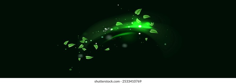 Green shiny line spiral spring wind effect with dust particles and leaves particles on black background. Concept of freshness, growth, spring, summer and ecology.