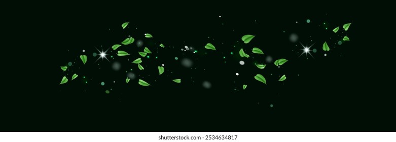 Green shiny line spiral spring wind effect with dust particles and leaves particles on black background. Concept of freshness, growth, spring, summer and ecology.