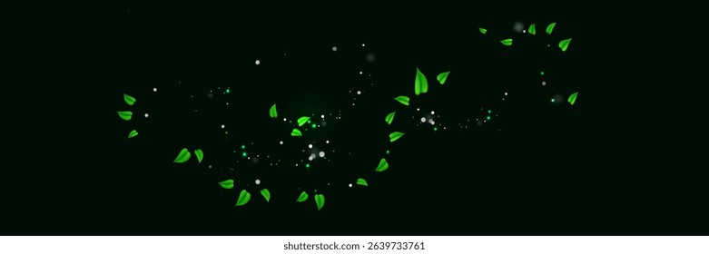 Green shiny line spiral spring wind effect with dust particles and leaves particles on black background. Concept of freshness, growth, spring, summer and ecology.