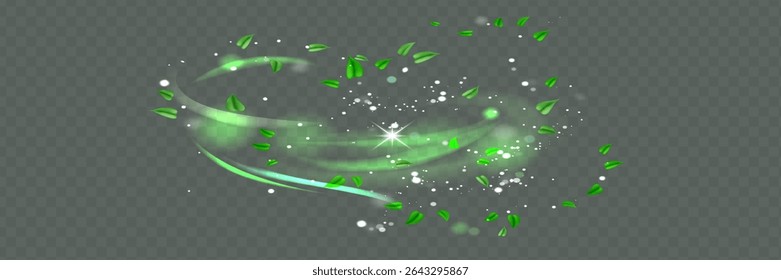 Green shiny line spiral spring wind effect with dust particles and leaves particles on black background. Concept of freshness, growth, spring, summer and ecology.