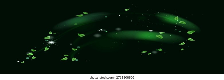 Grüne glänzende Linie Spiralfeder Windeffekt mit Staubpartikeln und hinterlässt Partikel auf schwarzem Hintergrund. Konzept von Frische, Wachstum, Frühling, Sommer und Ökologie.