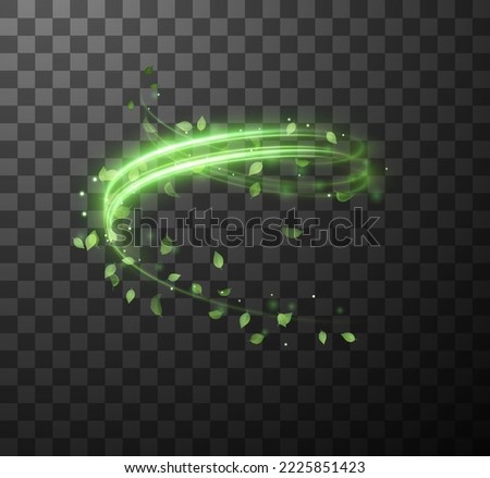 Green shiny line spiral spring wind effect with flyingmagic dust particles and leaves particles on black background. Concept of freshness, growth, spring, summer and ecology. Vector eps10.