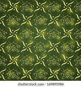 Green Shiny Lotus Flower Geometric Seamless Pattern. Floral Texture Background