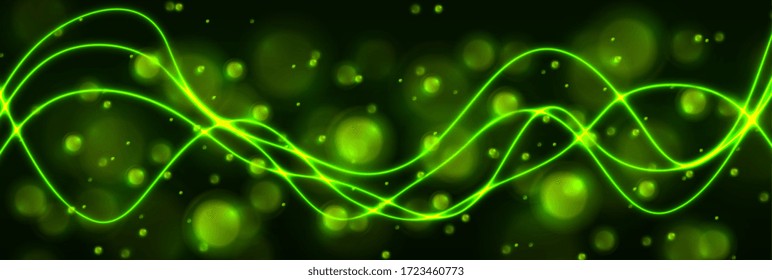 Green shiny neon waves and glowing bokeh particles abstract background. Vector banner design