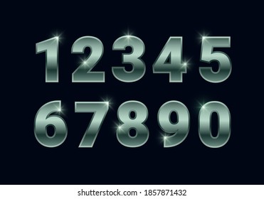 Green shiny numbers set, metallic chrome font signs isolated on black background. Luxury fashion white gold typography design for decoration, design, web, advert, greeting card. Vector illustration.