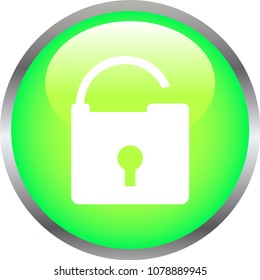 Green Shiny round button with opened padlock mark