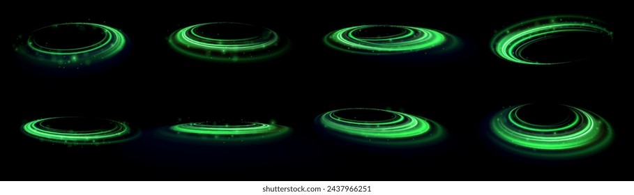 Green shiny sparks of spiral wave. Curved bright speed line swirls. Shiny wavy path. Rotating dynamic neon circle. Magic golden swirl with highlights. Glowing swirl bokeh effect. vector