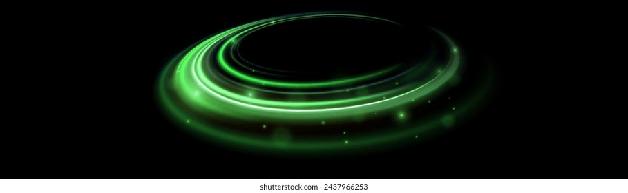 Green shiny sparks of spiral wave. Curved bright speed line swirls. Shiny wavy path. Rotating dynamic neon circle. Magic golden swirl with highlights. Glowing swirl bokeh effect. vector