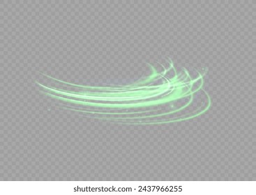 Green shiny sparks of spiral wave. Curved bright speed line swirls. Shiny wavy path. Rotating dynamic neon circle. Magic golden swirl with highlights. Glowing swirl bokeh effect. vector