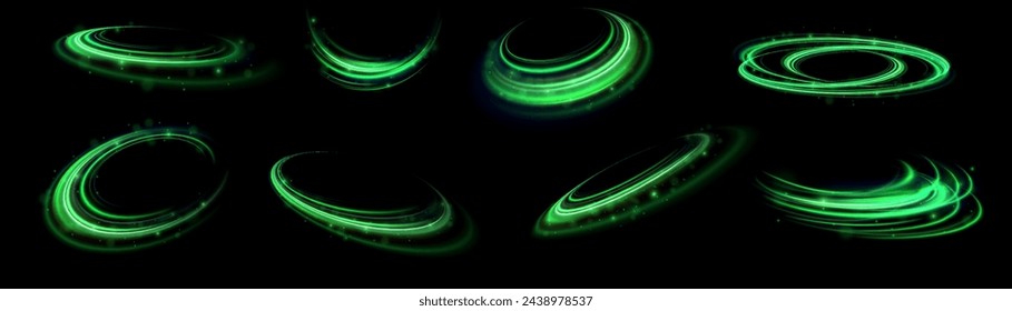 Green shiny sparks of spiral wave. Curved bright speed line swirls. Shiny wavy path. Rotating dynamic neon circle. Magic golden swirl with highlights. Glowing swirl bokeh effect. vector