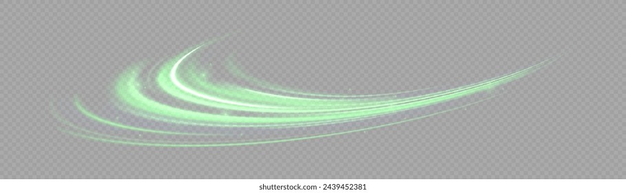 Green shiny sparks of spiral wave. Curved bright speed line swirls. Shiny wavy path. Rotating dynamic neon circle. Magic golden swirl with highlights. Glowing swirl bokeh effect. vector