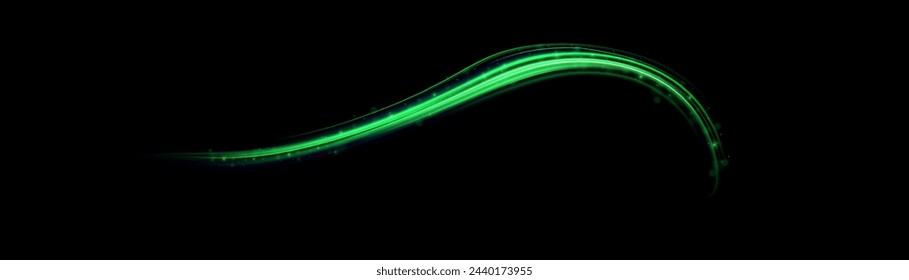 Green shiny sparks of spiral wave. Curved bright speed line swirls. Shiny wavy path. Rotating dynamic neon circle. Magic golden swirl with highlights. Glowing swirl bokeh effect. vector