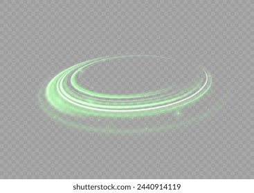 Green shiny sparks of spiral wave. Curved bright speed line swirls. Shiny wavy path. Rotating dynamic neon circle. Magic golden swirl with highlights. Glowing swirl bokeh effect. vector