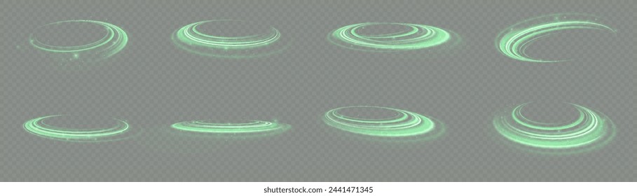 Green shiny sparks of spiral wave. Curved bright speed line swirls. Shiny wavy path. Rotating dynamic neon circle. Magic golden swirl with highlights. Glowing swirl bokeh effect. vector