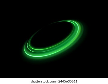 Green shiny sparks of spiral wave. Curved bright speed line swirls. Shiny wavy path. Rotating dynamic neon circle. Magic golden swirl with highlights. Glowing swirl bokeh effect. vector