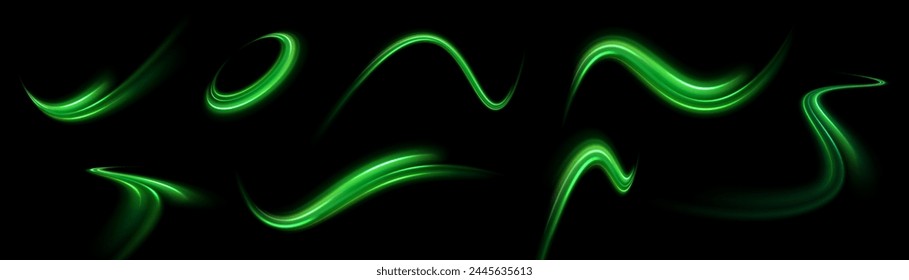 Des étincelles vertes brillantes de vague spirale. La ligne de vitesse vive courbée tournoie. Chemin ondulé brillant. Cercle de néon dynamique pivotant. Tourbillon d'or magique avec des surbrillances. Effet de flou tourbillonnant. Image vectorielle  : image vectorielle de stock
