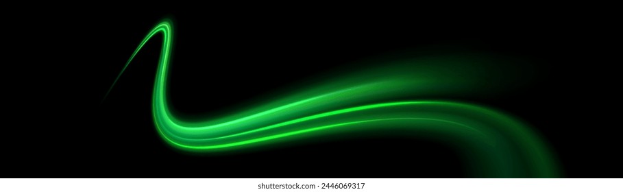 Green shiny sparks of spiral wave. Curved bright speed line swirls. Shiny wavy path. Rotating dynamic neon circle. Magic golden swirl with highlights. Glowing swirl bokeh effect. vector