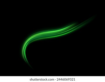 Chispas verdes brillantes de onda espiral. La línea curva de velocidad brillante gira. Camino ondulado brillante. Circulo dinámico giratorio de neón. Remolino de oro mágico con reflejos. Efecto bokeh de remolino brillante. Vector