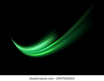 Green shiny sparks of spiral wave. Curved bright speed line swirls. Shiny wavy path. Rotating dynamic neon circle. Magic golden swirl with highlights. Glowing swirl bokeh effect. vector