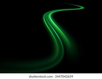 Chispas verdes brillantes de onda espiral. La línea curva de velocidad brillante gira. Camino ondulado brillante. Circulo dinámico giratorio de neón. Remolino de oro mágico con reflejos. Efecto bokeh de remolino brillante. Vector