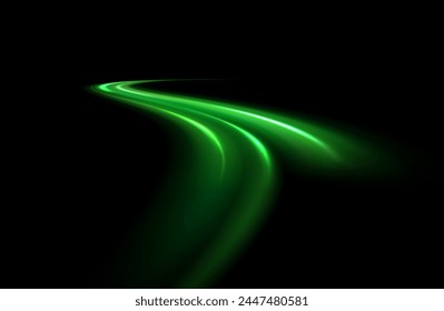 Green shiny sparks of spiral wave. Curved bright speed line swirls. Shiny wavy path. Rotating dynamic neon circle. Magic golden swirl with highlights. Glowing swirl bokeh effect. vector