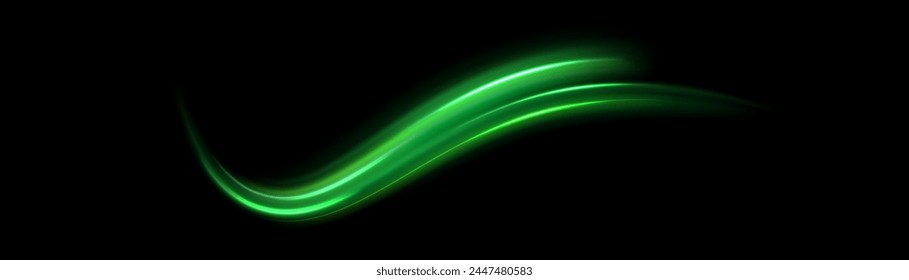 Chispas verdes brillantes de onda espiral. La línea curva de velocidad brillante gira. Camino ondulado brillante. Circulo dinámico giratorio de neón. Remolino de oro mágico con reflejos. Efecto bokeh de remolino brillante. Vector