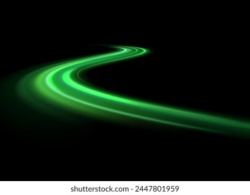 Green shiny sparks of spiral wave. Curved bright speed line swirls. Shiny wavy path. Rotating dynamic neon circle. Magic golden swirl with highlights. Glowing swirl bokeh effect. vector