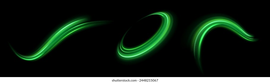 Chispas verdes brillantes de onda espiral. La línea curva de velocidad brillante gira. Camino ondulado brillante. Circulo dinámico giratorio de neón. Remolino de oro mágico con reflejos. Efecto bokeh de remolino brillante. Vector