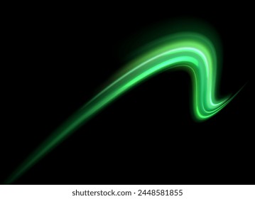 Chispas verdes brillantes de onda espiral. La línea curva de velocidad brillante gira. Camino ondulado brillante. Circulo dinámico giratorio de neón. Remolino de oro mágico con reflejos. Efecto bokeh de remolino brillante. Vector