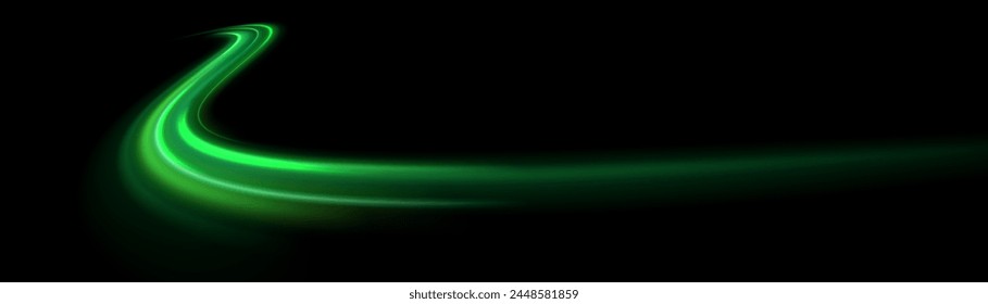 Chispas verdes brillantes de onda espiral. La línea curva de velocidad brillante gira. Camino ondulado brillante. Circulo dinámico giratorio de neón. Remolino de oro mágico con reflejos. Efecto bokeh de remolino brillante. Vector