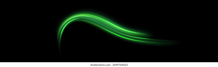 Green shiny sparks of spiral wave. Curved bright speed line swirls. Shiny wavy path. Rotating dynamic neon circle. Magic golden swirl with highlights. Glowing swirl bokeh effect. vector