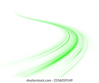 Fagulhas verdes brilhantes de onda espiral. Uma linha brilhante curva de velocidade está girando. Caminho ondulado brilhante. Círculo neon dinâmico em rotação. Espiral verde mágico com destaques. Efeito de turbilhão brilhante. vetor