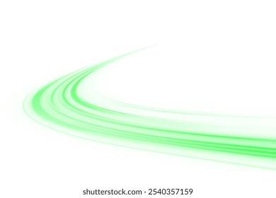 Green shiny sparks of spiral wave. A curved bright line of speed is spinning. Shiny wavy path. Rotating dynamic neon circle. Magic green swirl with highlights. Glowing swirl bokeh effect. vector