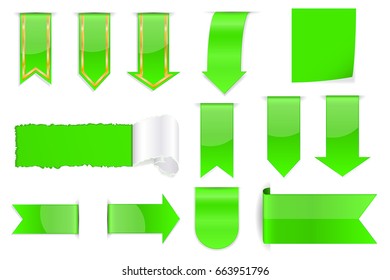 Green shiny stickers. Arrows and labels. Vector 3d illustration isolated on white background