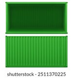Green ship cargo container. Open storage box side. Export warehouse crate for delivery. 3d large metal truck for shipment from dock. Big industrial trade package mockup realistic graphic set