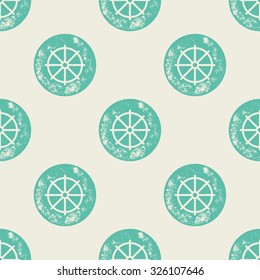 Green Ship Helm Pattern - Grunge Retro Seamless Pattern Background - Vector Illustration