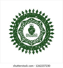 Green ship icon inside distress rubber seal with grunge texture
