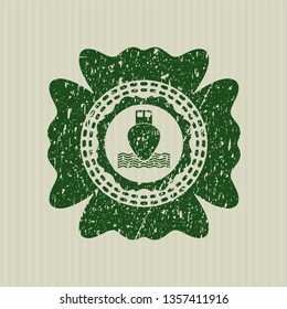 Green ship icon inside distressed rubber stamp with grunge texture