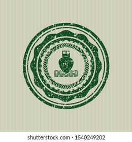 Green ship icon inside distressed grunge style stamp