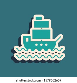 Green Ship icon isolated on blue background. Long shadow style. Vector Illustration