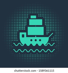 Green Ship icon isolated on blue background. Abstract circle random dots. Vector Illustration