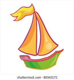 green ship with orange sail and yellow flag