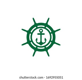 green ship steering wheel anchor nautical maritime sail boat theme vector logo design template
