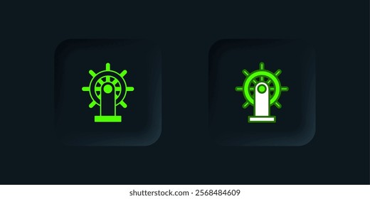 Green Ship steering wheel icon isolated on black background. Black square button. Vector