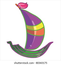green ship with violet sail and pink flag