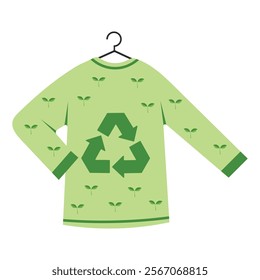 Green shirt with clothes hanger, recycling sign and green sprouts. Eco-concept for textile recycling, care for the environment. Isolated vector illustration on white background.	