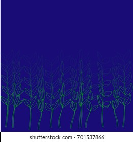 Green shoots with leaves growing in several rows, wheat, cereal, in a fog on a blue background. night. Seamless pattern. Freehand drawing vector by a thin line.
